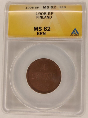 1908 The Grand Duchy of Finland 5 Pennia Five Penniä Coin MS62 BRN ANACS 3B