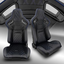 2 X Reclinable Pvc Leatherblue Strip Leftright Racing Seats Pair W Slider