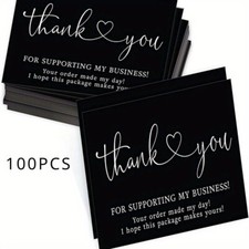 100pcs Elegant Black  White Thank You Cards with Heart Design-3.5"x2.1" Premium