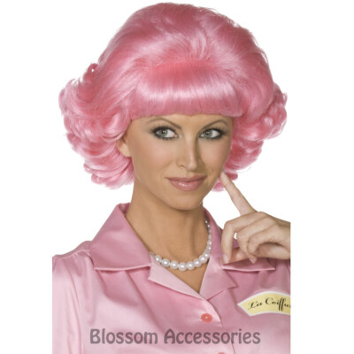 W363 Pink Frenchy Curly Wig Grease 50s Pink Ladies Wig Hair Fancy Dress  Costume