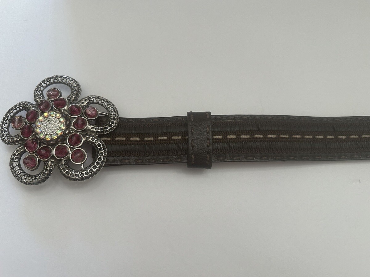 Viviane Guenoun Ornate Belt Buckle Beads Stones Gold Vintage 90s Rhinestone Belt: Floral Tooled Leather, Ornate  main image 4