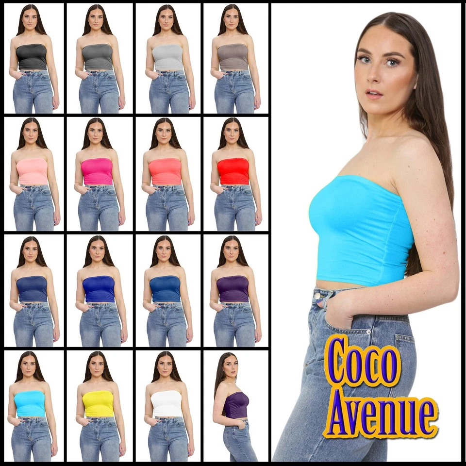 Ladies Boob Tube Top Strapless Bandeau Plain Stretchy Basic Vest Casual Crop Top - Image 1 of 1