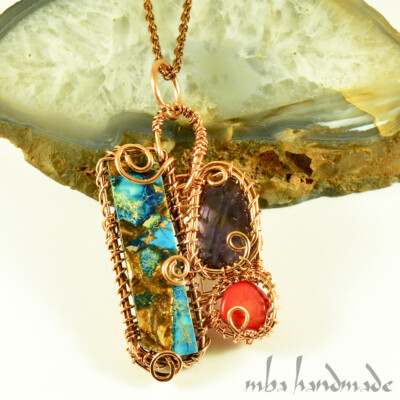 Amethyst & Turquoise & Coral Crystal Pendant Copper Wire Wrapped Artisan Jewelry
