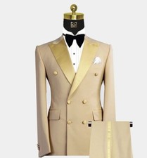 Beige Men Suit Double Breasted Peak Lapel Groom Prom Tuxedo Wedding Suit Custom