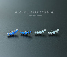 Curved Bar Opal Stud Earrings, Geometric Crawler