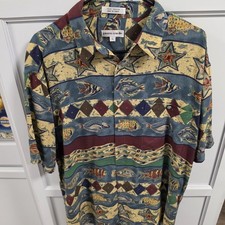 Pierre Cardin 80s Hawaiian Shirt Mens L Fish Print Multicolor Short Sleeve Rayon