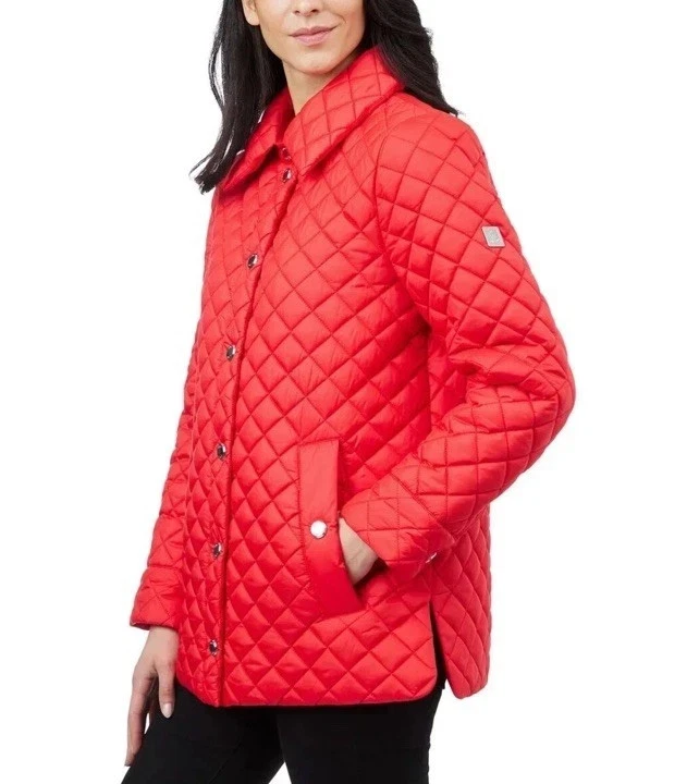Anne Klein Women's Jacket Quilted Side-Slit Midweight Snap-Front, Red, 2XL