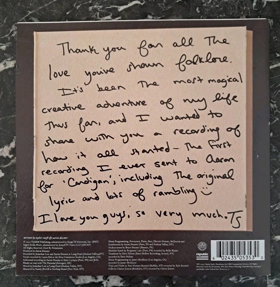 TAYLOR SWIFT Cardigan + Songwriting voice memo 12 inch LP vinyl record GOLD DISC - Image 2 of 4