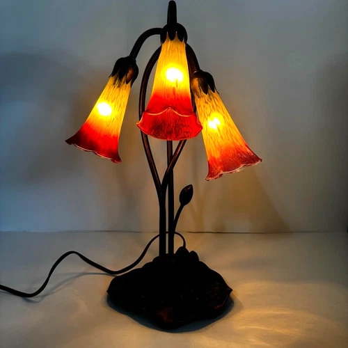 Vintage MCM Tiffany Style Lily Pad Table Lamp Triple Pink Frosted Tulip Shades