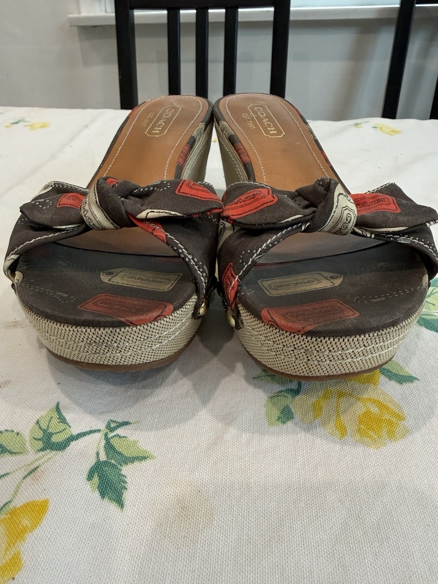 Coach Brown Logo Bow Studded Fabric Slide Wedge Sandals Women Slip