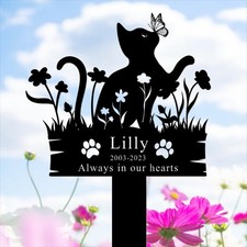 Personalized Metal Cat Grave Marker, Custom Memorial Stake with Butterfly Flower