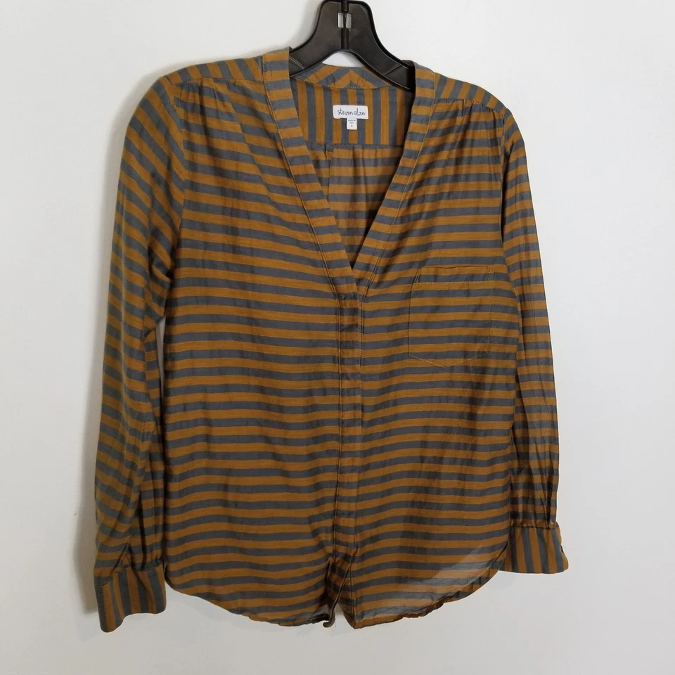 Steven Alan Cotton Silk Striped  Blouse Top  S Brown Gray Button Up Long Sleeve - Image 4 of 4