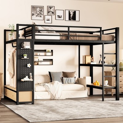 Full/Queen Size Metal Loft Bed Frame with Wardrobe & Storage Shelves & 2 Drawers