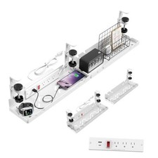 Extended Metal Under Desk Cable Management Tray with Power Outlet  No White