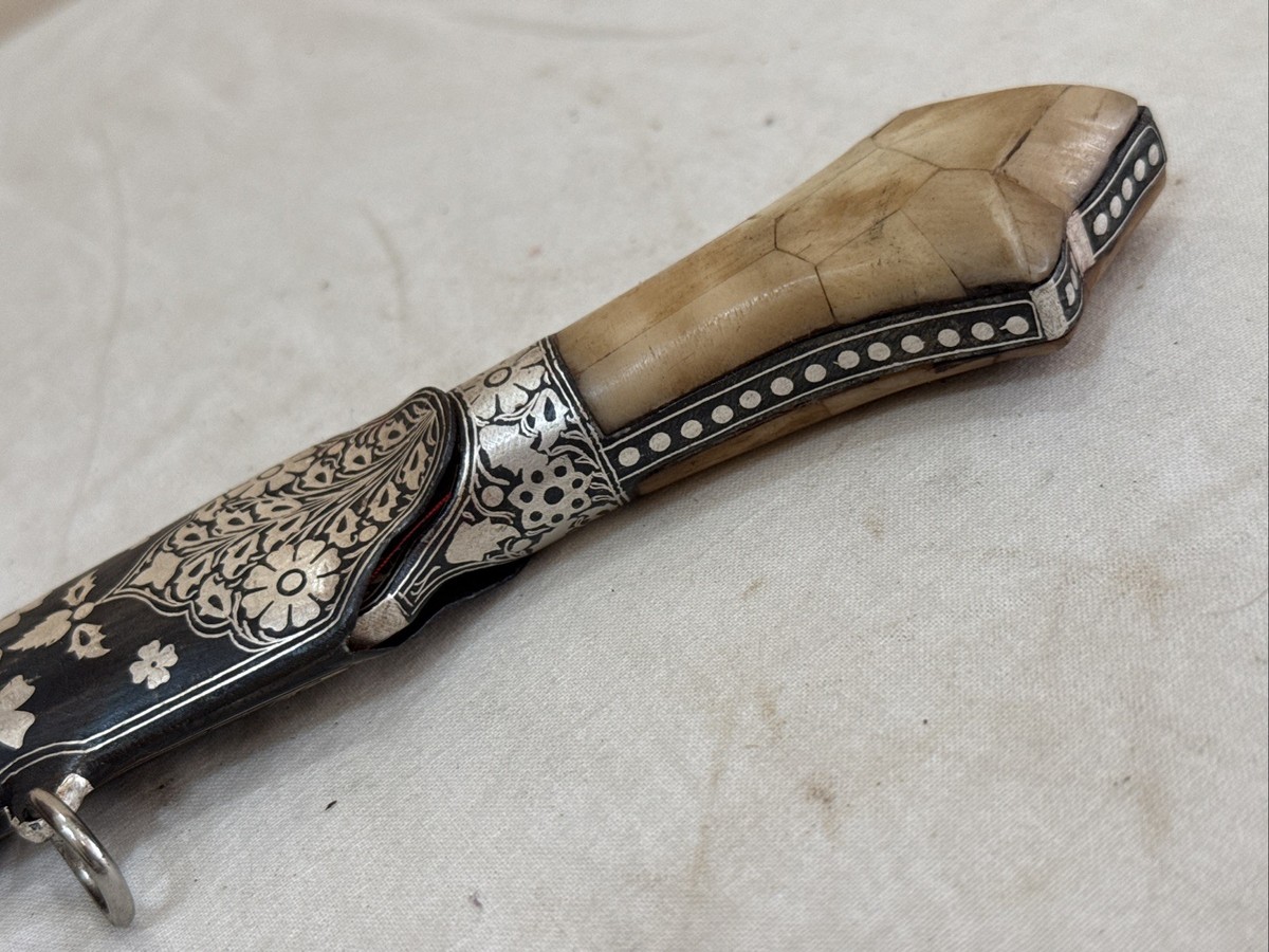 Indo Persian Silver Kofthgiri Worked Damascus Blade Sikh Kripan
