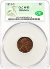 1911-S CACG XF45 Lincoln Cent 1c, Semi-KEY Date, Nice Luster, Original Color CAC