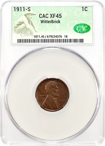 1911-S CACG XF45 Lincoln Cent 1c, Semi-KEY Date, Nice Luster, Original Color CAC