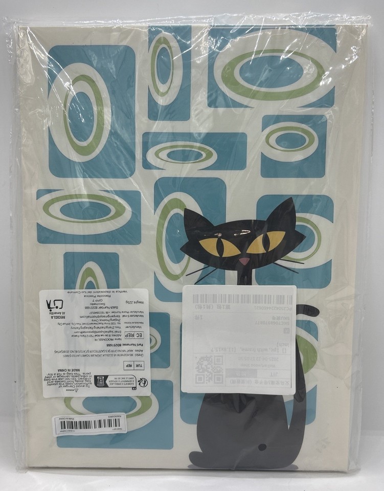 A crisp atomic-age cat graphic on metal that nails the Eames-era illustration style — instantly recognizable to MCM fans.