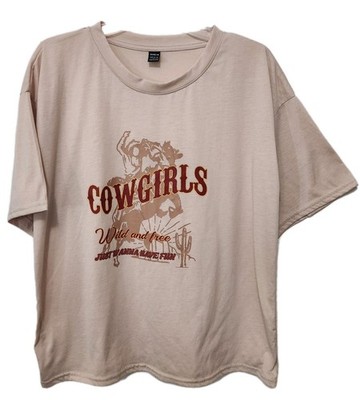 Shein Womens T-Shirt Tan COWGIRLS WILD AND FREE  SS Pullover Knit L 8/10 BUST 46