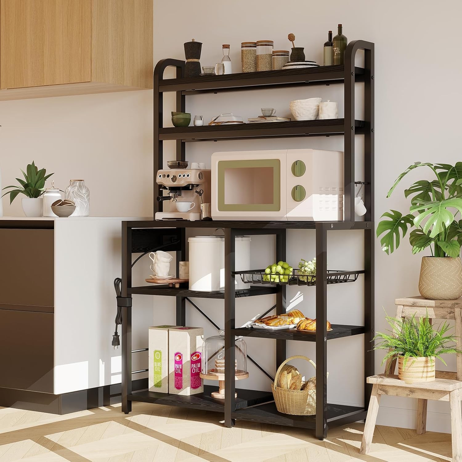 Industrial Bakers Rack Black,Kitchen Microwave Stand with Power Outlet & Storage