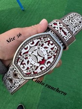 Belt Leather Cincelado Corte Laser Cowboy Greca Red Cinto Ranchero Size 36