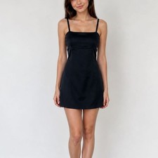 Urban Outfitters Satin Slip Dress Size Medium Navy Blue Empire Mini Open Back