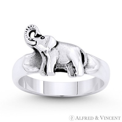 Trumpeting Elephant Animal Totem Charm Solid 925 Sterling Silver Right-Hand Ring
