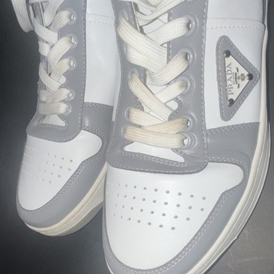 PRADA Men's White/Gray Colorblock Low-Top Lace-Up Logo Sneakers