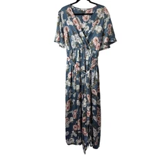 Baltic Born Women's Sicily Satin Maxi Dress Short Sleeve Floral Blue Pink XXXL