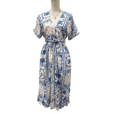 NWT Urban Outfitters Womens White Blue Motif Floral Midi Wrap Dress S Boho Flowy