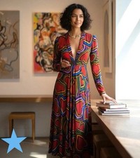 Farm Rio Rainbow Wild Hearts Maxi Dress Womens XS 0 2 Long Sleeve Red