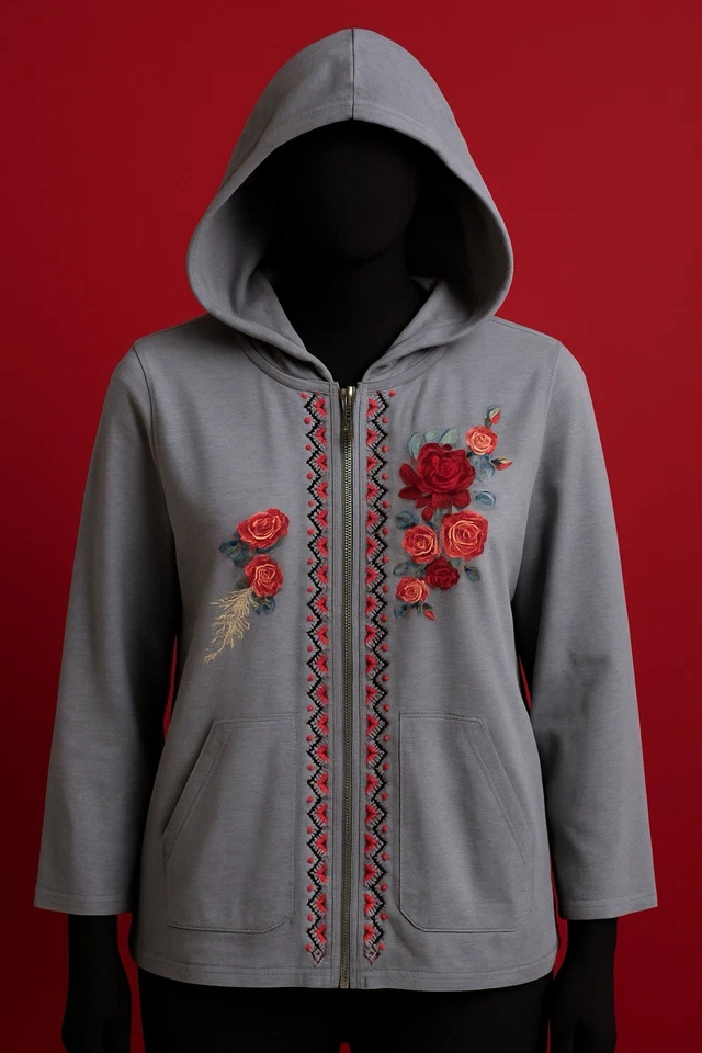 Caite Embroidered Hoodie Zip Jacket Blue/Gray XXL Floral Boho India - Image 2 of 4