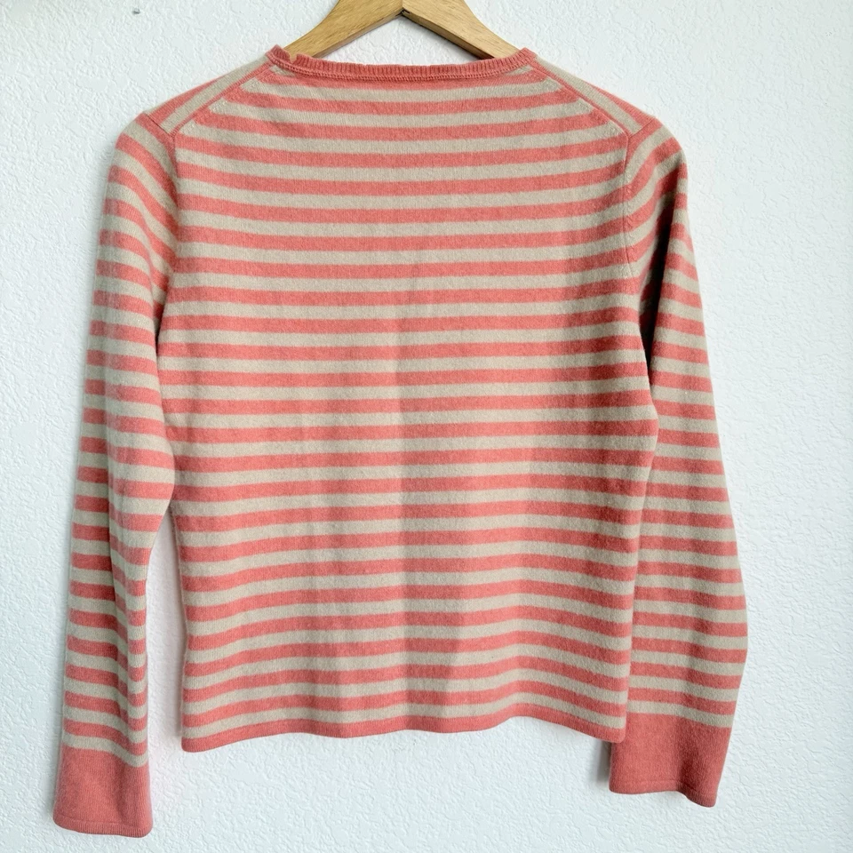 Iris Von Arnim Women's Coral/Tan Stripe Cashmere Knit Sweater size S (?) Crew - Image 4 of 4