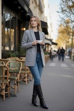 Gray Notch Lapel Women's Blazer Single-Breasted One-Button Lined Long Sleeve