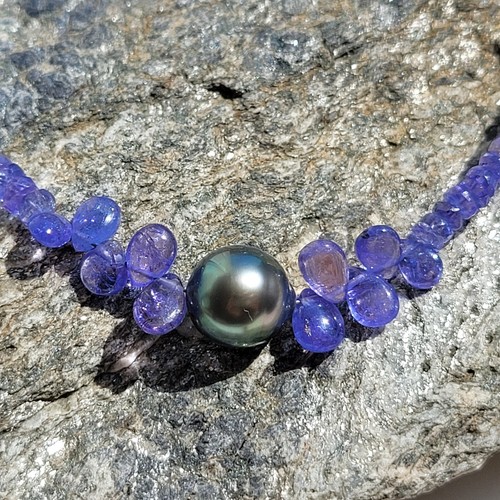 Collier En Argent 925 Avec Perle Noire De Tahiti Et Tanzanite Naturelle - Marque Rose-Mimosa - Neuf Avec étiquettes
