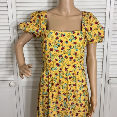 HVN Fromer Fruit Print Puffed Sleeves Cotton Nylon Spandex Midi Dress Size  8 | eBay