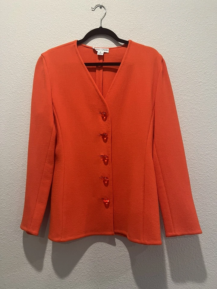 Blazer Chaqueta Naranja Vintage Gloria Sachs Sin Cuello Decorativo Acrílico Botones 8 Foto 2 de 4