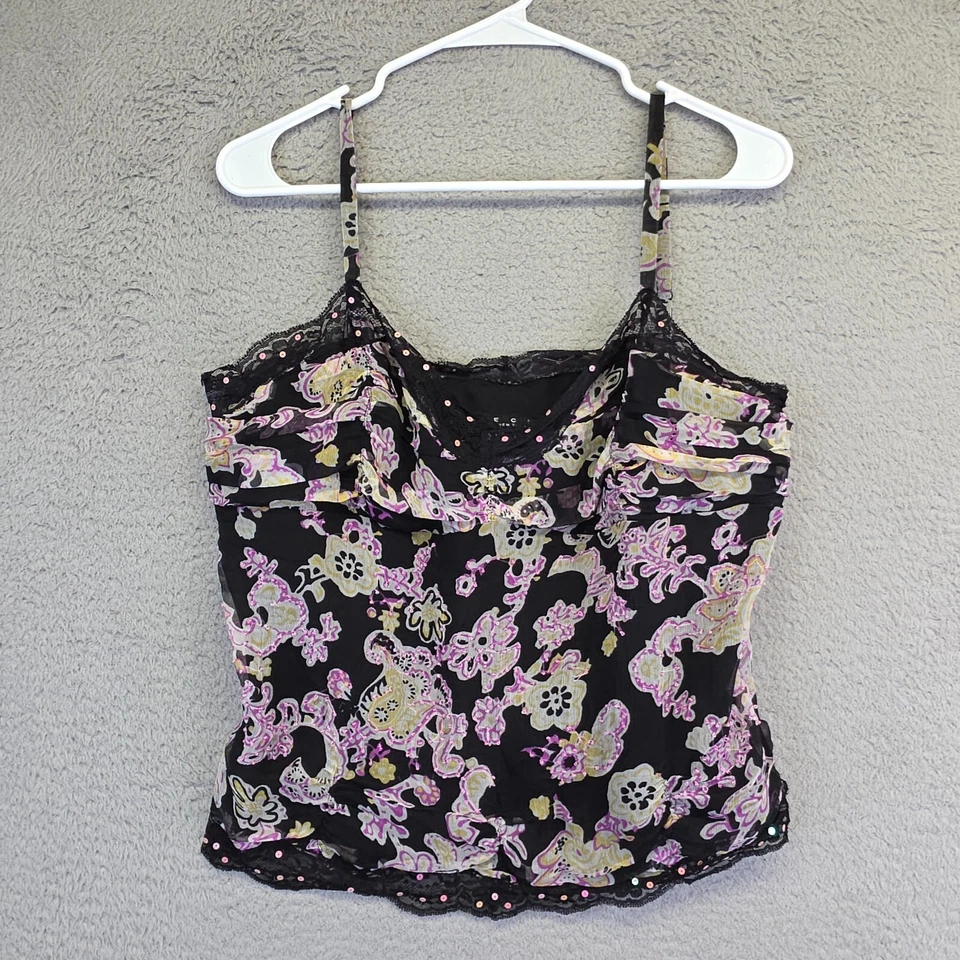 Blusa ECI Babydoll Feminina L Preta Cropped Floral Acabamento em Renda Lantejoulas Seda Chiffon Ano Novo - Imagem 2 de 4