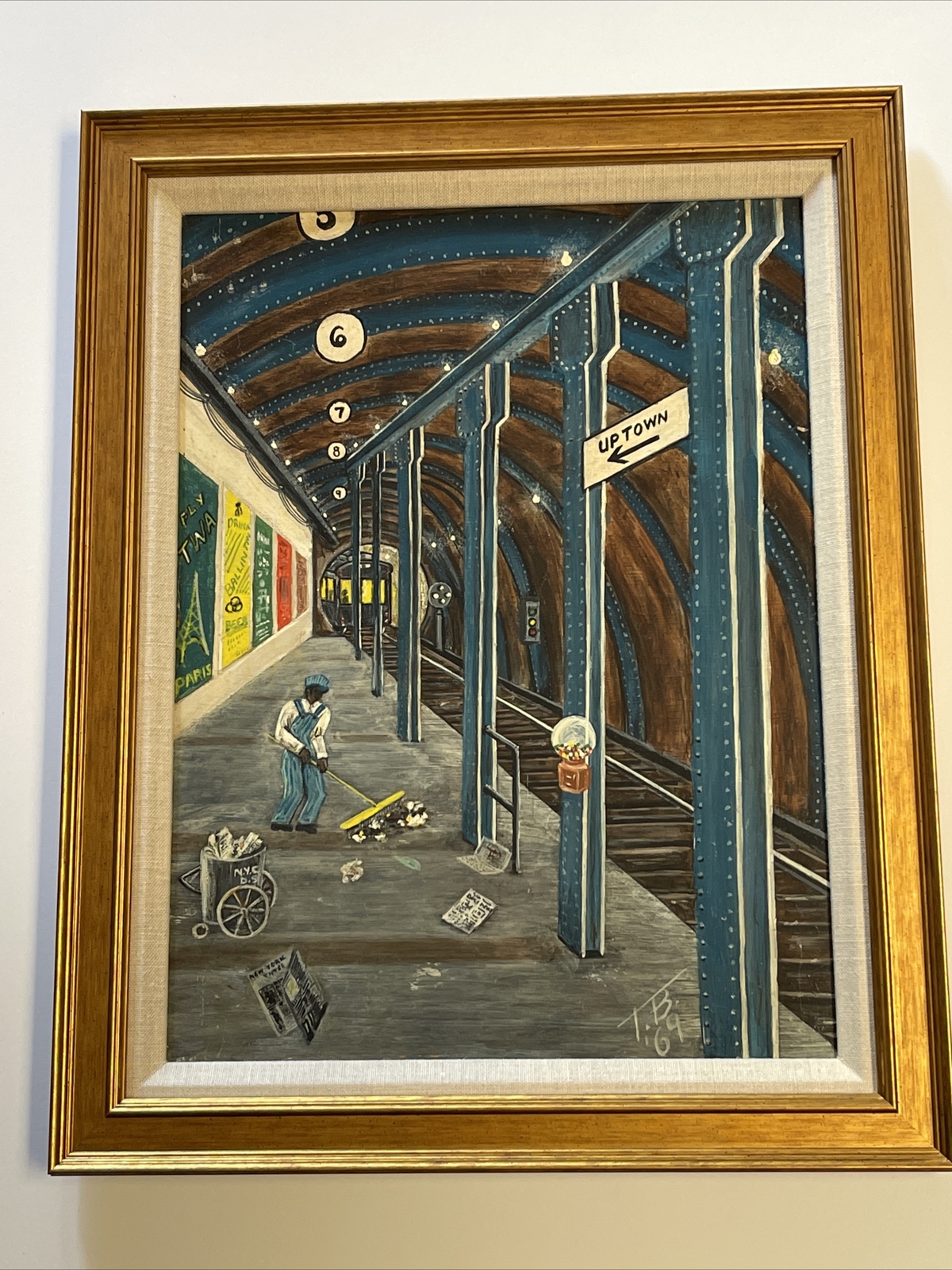 VINTAGE AMERICAN FOLK PAINTING WPA STYLE SCENE NIGHT NY BLACK AMERICANA SUBWAY