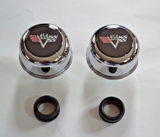Chrome Valve Cover Breathers & Grommets CHEVY 454 FLAGS SYMBOL LOGO NEW