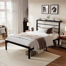 Metal Bed Frame /Platform Bed Frame with Headboard Shelf and Metal Slats