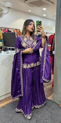 Abito Tradizionale Indiano Banarasi Art Silk - Salwar Kameez Pronto Con Dupatta Per Donna (Blu Reale)