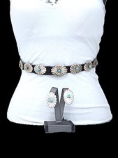 Kevin Yazzie Navajo Turquoise Sandcast Sterling Silver Concho Belt Earring Set