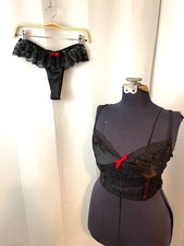 Lingerie Set Black Satin Lace Bra G String Red Ribbon Nan Flower 1960s L
