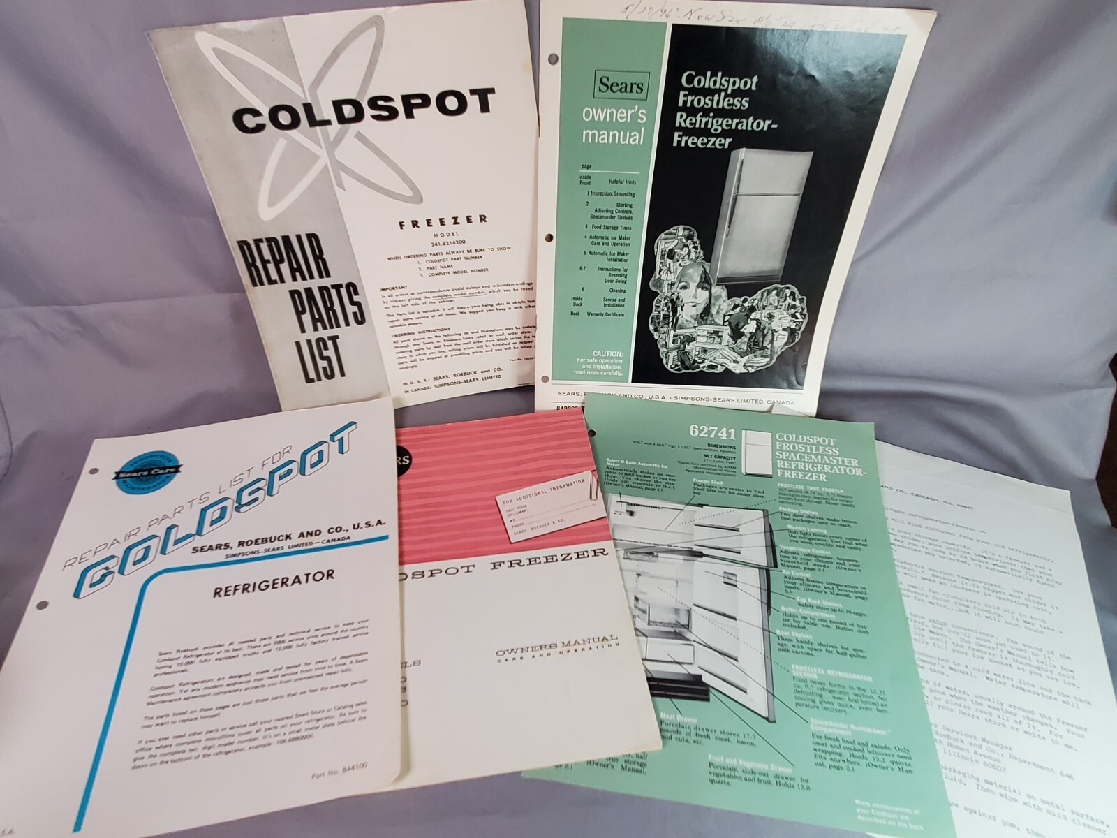 Sears Coldspot Refrigerator Freezer Lot Owners Manual Parts List