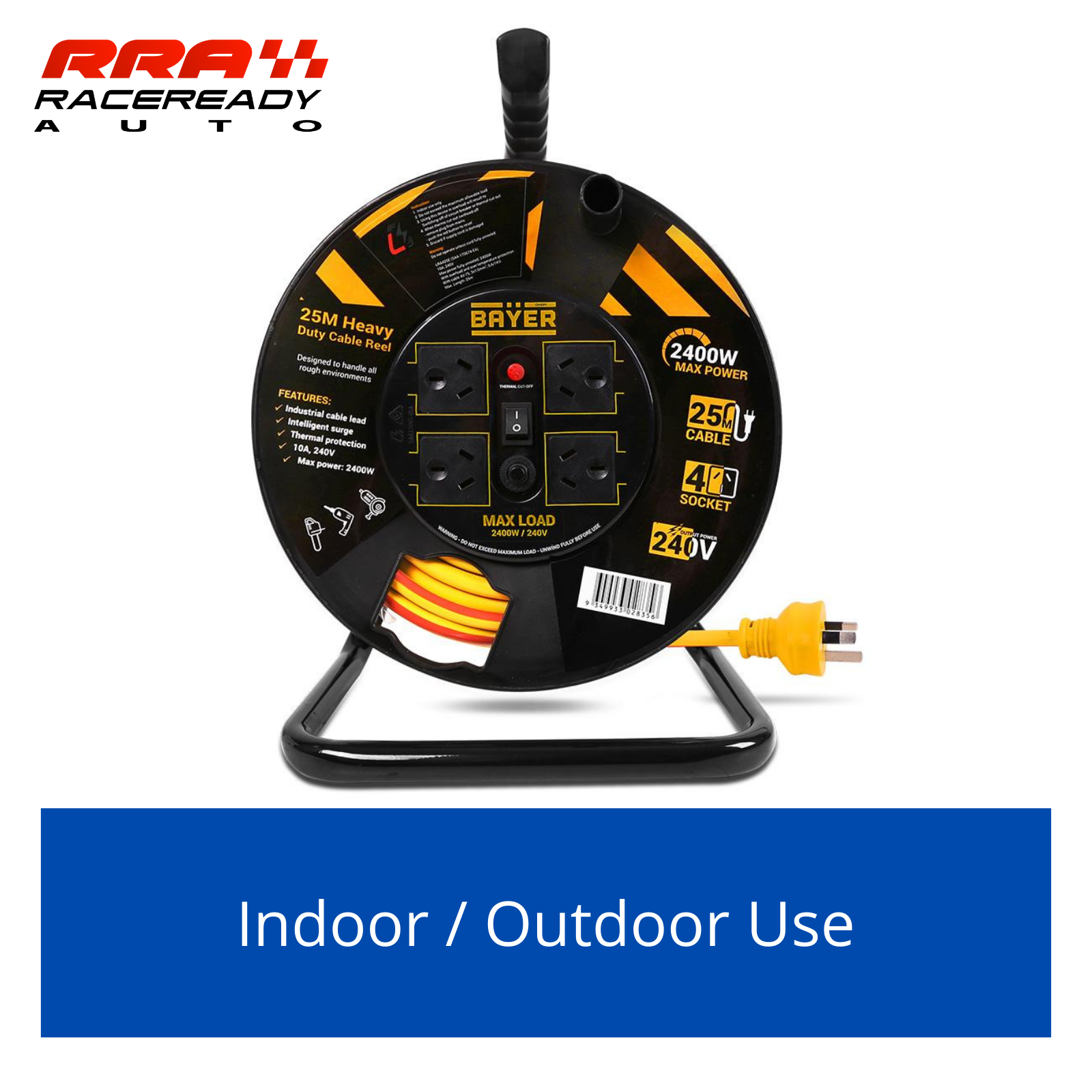 Bayer 4 Socket Power Extension Cable Reel Cord 25m Heavy Duty Lead 10A