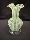 Murano Vase, Vintage Green and White Latticino, Blown Glass, Ruffled, 6" Tall