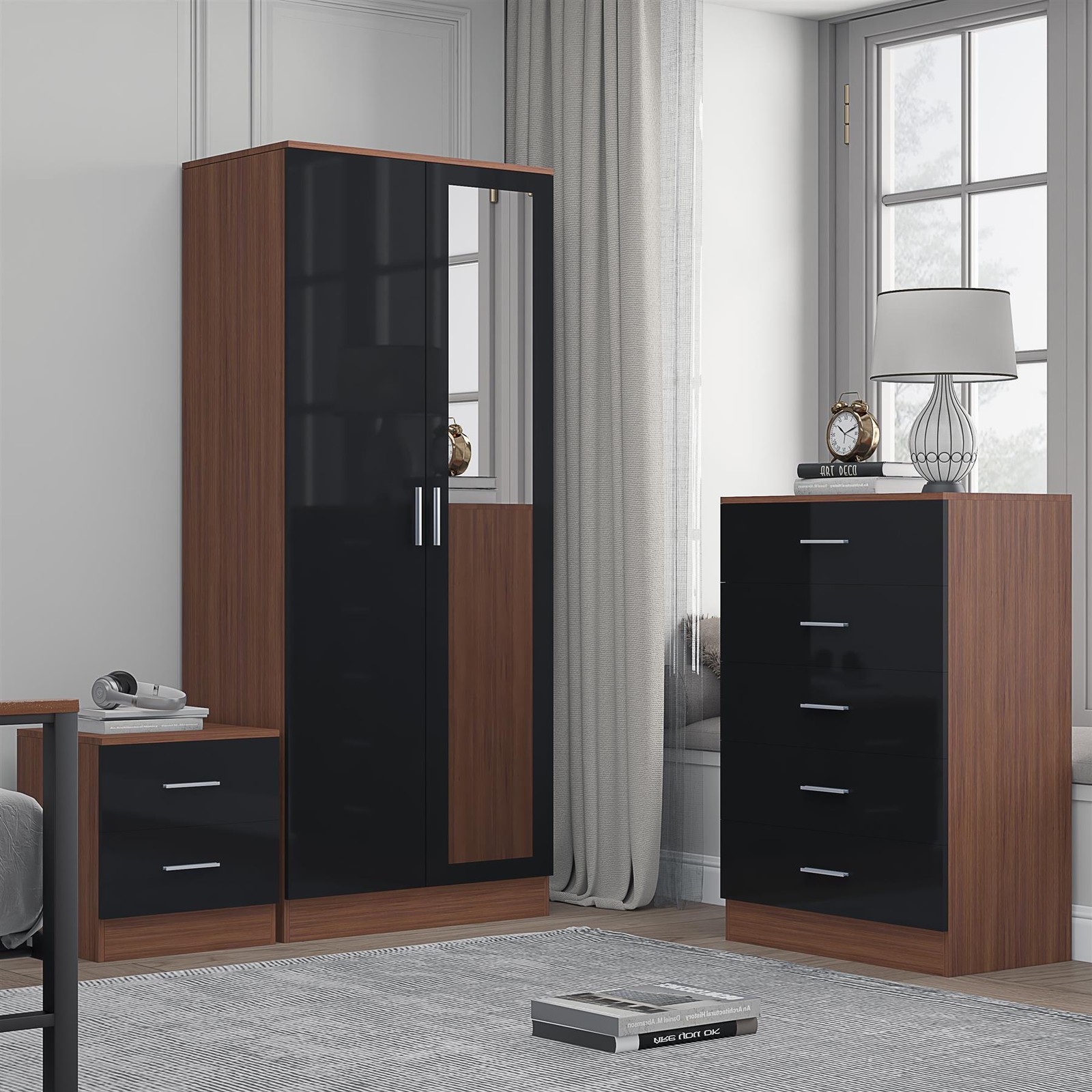 REFLECT Bedroom Set - 2dr Mirror + Tall Chest + Bedside - Black/Walnut - Image 3