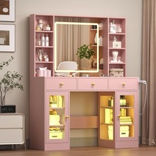 Vanity Desk with Mirror and Lights White Makeup Vanity with Glass Top  Drawers