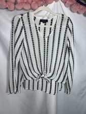 karen kane White Black V-Neck Long Sleeve Tie Front Striped Rayon Tunic S Women